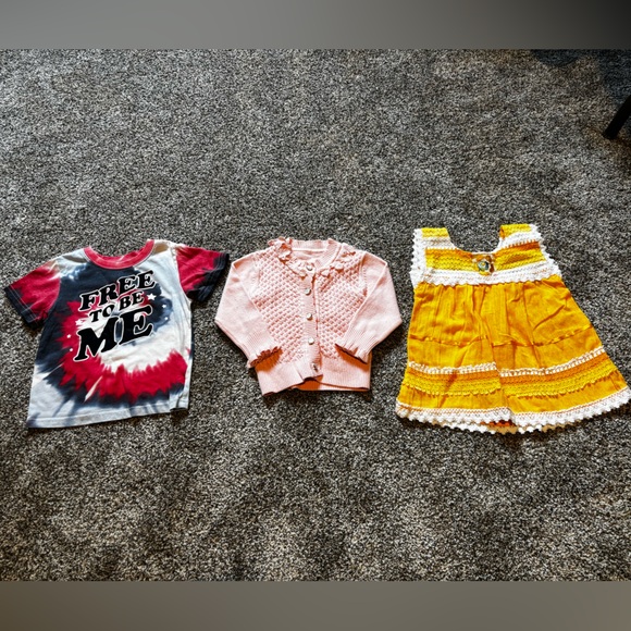 Other - Bundle of 2T girl clothes. Tie-Dye T-Shirt, Pink Cardigan, and Yellow shirt